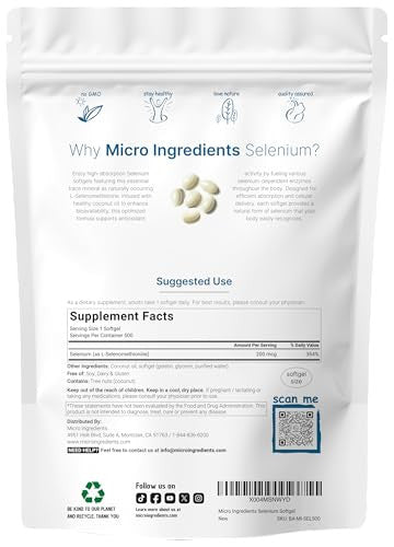 Micro Ingredients Selenium Supplements For Women & Men 200Mcg 500 Softgels With Coconut Oil Essential Trace Mineral As Selenomethionine Antioxidant For Energy Heart & Immune Support