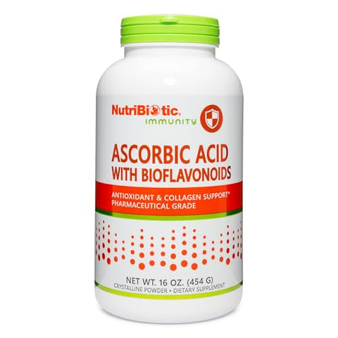 NutriBiotic Ascorbic Acid with Bioflavonoids Powder Highly Soluble Antioxidant and Collagen Support Supplement 2000 Mg Vitamin C with Lemon Bioflavonoid Complex Vegan Gluten and GMOFree 16 Oz