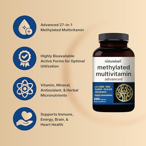 Methylated Multivitamin for Men and Women 240 Capsules 27in1 Formula with Vitamins B Complex C D3 K2 NAD NAC CoQ10 Resveratrol Magnesium Zinc and More Daily Essential Vitamins
