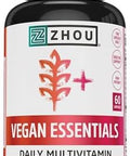 Zhou Vegan Essentials Multivitamin Supplement, B Vitamins, Energy, Vitamin C, Zinc, Immune System Function, Iodine Thyroid Support, Liposomal Iron, Plant-Based Diet Multivitamin, 60 Veg Caps