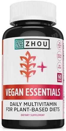 Zhou Vegan Essentials Multivitamin Supplement, B Vitamins, Energy, Vitamin C, Zinc, Immune System Function, Iodine Thyroid Support, Liposomal Iron, Plant-Based Diet Multivitamin, 60 Veg Caps