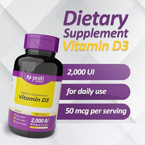 Prati Donaduzzi Vitamin D3 2000 Iu (50 Mcg) Softgels 600 Count - Daily Sunshine Supplement For Bone And Teeth Support 600 Day Supply