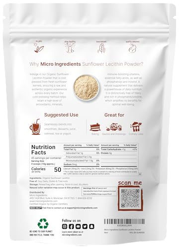Micro Ingredients Organic Sunflower Lecithin Powder 1 Pound Sustainable Farmed Cold Pressed Rich In Phosphatidyl Choline And Protein Making Liposomal Vitamin C Lactation Supplement Non-Gmo