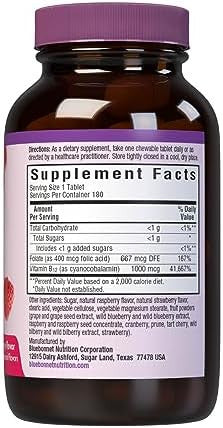 Bluebonnet Nutrition Earth Sweet Vitamin B12 & Folic Acid Chewable Tablets, Cream Raspberry 180 Count (Pack Of 1)