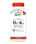 21st Century Vitamin D3 125 mcg (5000 IU) + K2 100 mcg Capsules 120 Count Bone Teeth and Heart Support NonGMO Milk Lactose Soy Wheat and Gluten Free