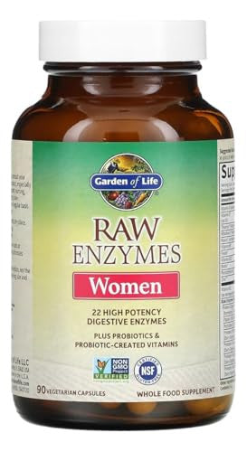 Garden Of Life 22 Powerful Raw Enzymes For Women With Papain Bromelain Lactase Plus Probiotics And Vitamins B12 Biotin And Zinc Dietary Supplement With Digestive Enzymes Vegetarian 90 Capsules