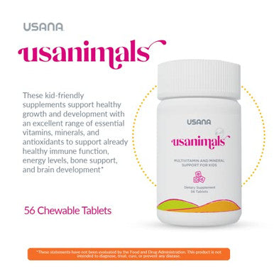 Usana Usanimals Multivitamin For Kids - Daily Chewable Tablets With Vitamins A C D E B6 B12 Zinc Iron - Supports Immune Bone & Brain Health - Essential Nutrients For Ages 2-12 56 Tablets