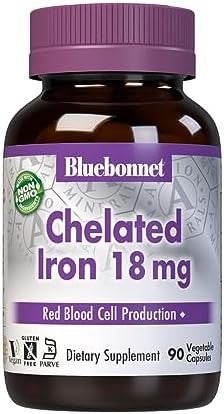 Bluebonnet Nutrition Chelated Iron 18 Mg Nonconstipating Iron Soy Gluten Nongmo Kosher Dairy Vegan 90 Vegetable Capsules 90 Servings