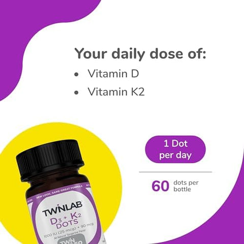 Twinlab Vitamin D3 1000 + K2 Dots - Bone & Heart Health - Immune Support - 25 Mcg 60 Tablets (1000 Iu) (2 Pack)