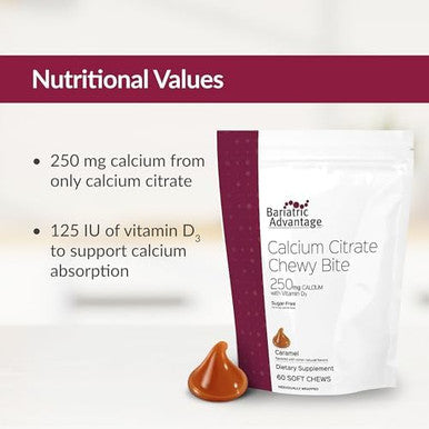 Bariatric Advantage Calcium Citrate Chewy Bites 250Mg With Vitamin D3 For Bariatric Surgery Patients Including Gastric Bypass And Sleeve Gastrectomy Sugar Caramel Flavor 60 Count