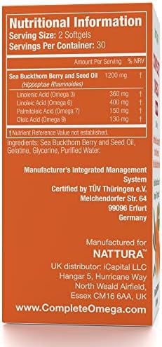 Nattura Complete Omega 3-6-7-9 Pure Sea Buckthorn Oil European Quality from Unrefined Cold Pressed Whole Sea Buckthorn Wild Berries - Non-GMO Certified Kosher Gluten- Capsules