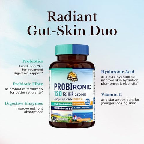 Vitalitown Gut-Skin Bundle (Pack Of 2) Probiotics 120 Billion Cfus (Item 1) & Hyaluronic Acid (Item 2) 30 + 90 Capsules