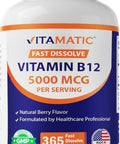 Vitamatic Vitamin B12 5000 mcg 365 Fast Dissolve Tablets Berry Flavor Supports Energy Production and Nervous System Health NonGMO GlutenFree