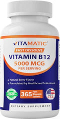Vitamatic Vitamin B12 5000 mcg 365 Fast Dissolve Tablets Berry Flavor Supports Energy Production and Nervous System Health NonGMO GlutenFree