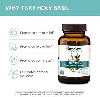 Himalaya Holy Basil Tulsi Herbal Supplement Stress Relief Relaxation Occasional Sleeplessness Promotes Calm Energy Support Ayurvedic Nongmo Vegan 720 Mg 60 Capsules 30 Day Supply