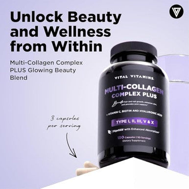 Vital Vitamins Multi Collagen Plus 2 Pack with Biotin Hyaluronic Acid Vitamin C Type I II III V X for Women and Men Hair Skin Nails Beauty Complex 300 Capsules