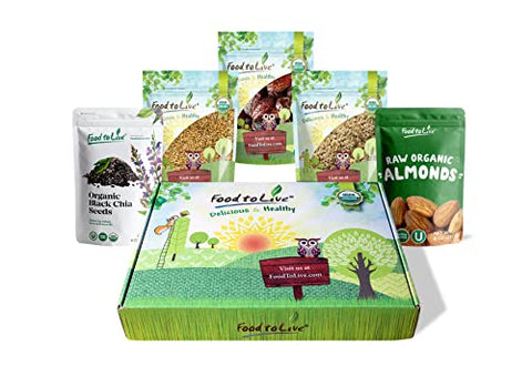 Food to Live - Organic Nuts, Seeds and Fruits in a Gift Box A Variety Pack of Almonds, Chinese Hemp Seeds, Medjool Dates, Chia Seeds and Golden Flax Seeds
