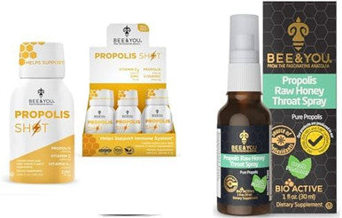 Bee And You Bundle: Propolis Shot With Vitamin C D3 And Zinc With Propolis Raw Honey Throat Spray Ultra Pure 100% Natural Immune Support Superfood