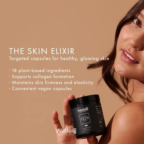 Welleco The Skin Elixir Greens Powder Capsules Plantbased Superfood Supplement With Zinc Turmeric & Antioxidants For Glowing Skin Collagen & Elasticity 60 Ct