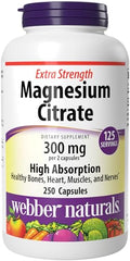 Webber Naturals Magnesium Citrate Capsules 300 mg 250 Count High Absorption Magnesium Supplement Supports Bones Teeth Muscle and Heart Function Gluten and Dairy Free