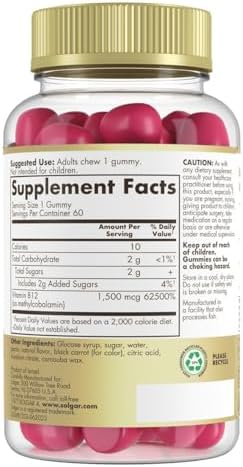 Solgar Methyl B12 Gummies For Adults 1500Mcg Ultra Potency Vitamin For Energy and Metabolism Support Raspberry Flavor Vegan and GlutenFree Gummy For Women and Men 2 Month Supply 60 Servings 2G Sugar