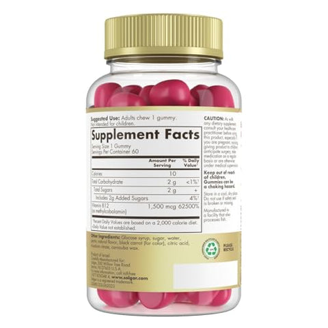 Solgar Methyl B12 Gummies For Adults 1500Mcg Ultra Potency Vitamin For Energy & Metabolism Support Raspberry Flavor Vegan & Gluten-Free Gummy For Women & Men 2 Month Supply 60 Servings 2G Sugar