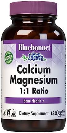 Bluebonnet Calcium Magnesium 1:1 Ratio Vegetarian Capsules 180 Count White