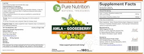Pure Nutrition Amla Capsules (Indian Gooseberry) 1000 Mg Per Serving 180 Veg Capsules Amla Fruit Extract 500 Mg + Powder 500 Mg Standardized Extract NonGmo Herbal Supplement