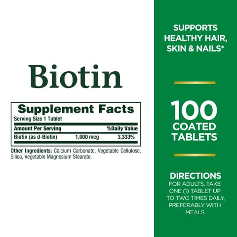 Nature'S Bounty Biotin Supports Metabolism For Energy And Healthy Hair Skin And Nails 1000 Mcg 100 Tablets (Pack Of 2)