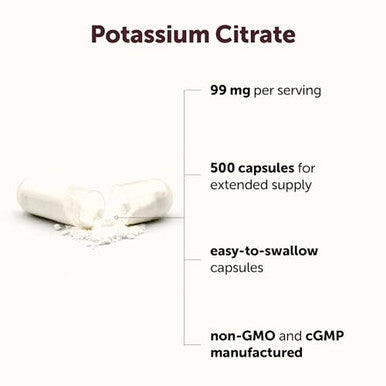 Micro Ingredients Potassium Citrate 99 Mg Per Serving 500 Capsules 1 Year Supply Daily Mineral Supplement Non-Gmo Gluten Free Soy Free