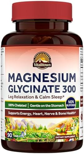 Vitalitown Magnesium Glycinate Chelated, Non Buffered 300Mg Elemental Magnesium Most Bioavailable, Fully Reacted Bone, Muscle, Calm, Sleep, Heart Healths 90 Tablets, Non-Gmo