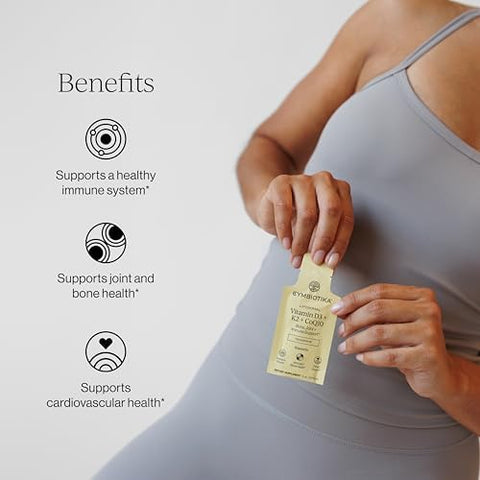 CYMBIOTIKA Liposomal Vitamin D3 + K2 + CoQ10 Liquid Supplement Enhanced Absorption Joint + Bone Health Immune Support Heart Health Gluten Free Soy Free PlantBased 28 5 mL Packets