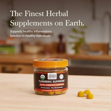 Gaia Herbs Turmeric Supreme Extra Strength Gummies Supports Swelling Relief To Help Maintain An Active Lifestyle Lemon Ginger Flavor 60 Vegan Organic Gummies (20Day Supply)