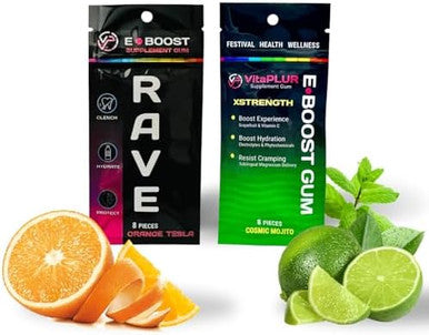 Vitaplur E-Boost Gum, 10 Packs, Rave Supplement, Festival Wellness, Magnesium, Rave Vitamins, Rave Gear, Antioxidants & Electrolytes, 5-Htp Free, Cosmic Mojito
