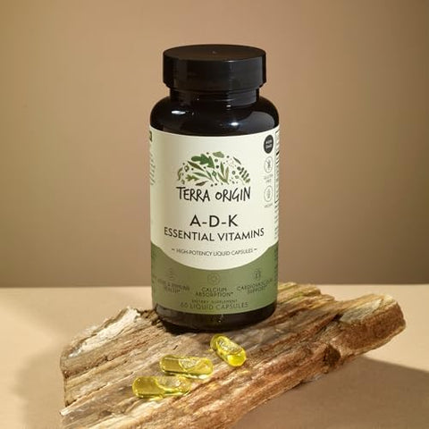 TERRA ORIGIN ADK Essential Vitamin Supplement 60 Liquid Capsules High Potency Vitamin A D 5000 IU K1 and K2 Non GMO Gluten Free Vegan Made in USA