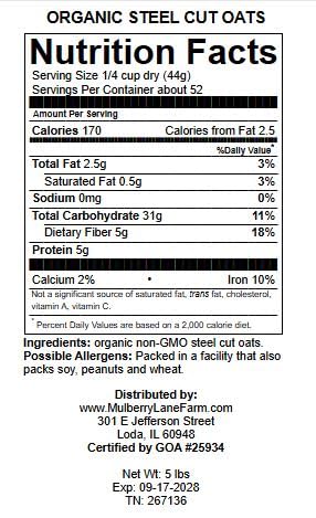 Steel Cut Oats (Steelcut) 5 Pounds (Oat Groats, Irish Oatmeal), USDA Certified Organic, Non-GMO, Bulk, Mulberry Lane Farms