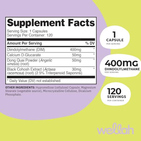 Wellah Dim Supplement (400Mg) 120 Capsules - Diindolylmethane With Calcium D-Glucarate Dong Quai And Black Cohosh Extract