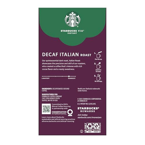 Starbucks VIA Instant Coffee, Dark Roast Coffee, Decaf Italian Roast, Arabica Beans, Single-Serve, 1 Box (20 Packets)
