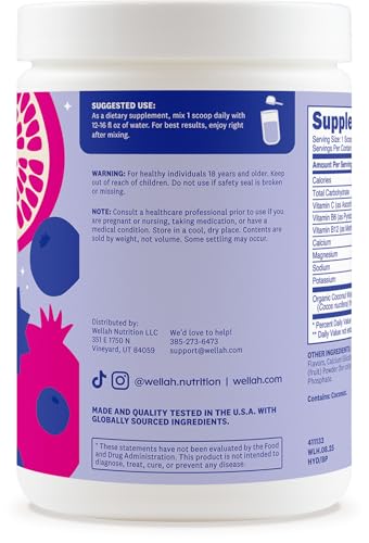 Wellah Electrolytes Powder (Blueberry Pomegranate) 50 Servings - Hydration Drink Mix 7 Vitamins & Minerals Zero Sugar