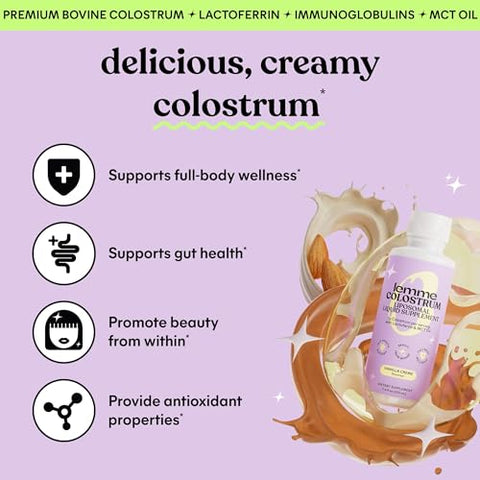 Lemme Colostrum Coffee Creamer for Gut, Skin, Hair & Healthy Aging, Sugar Free Liposomal & Grass Fed 1g Colostrum w/Lactoferrin, MCT Oil, Immunoglobulins, Vanilla Creme Flavored