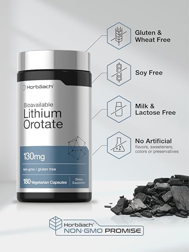 Horbaach Lithium Orotate 130mg 180 Capsules NonGMO Gluten Free Vegan 5mg Bioavailable Elemental Lithium