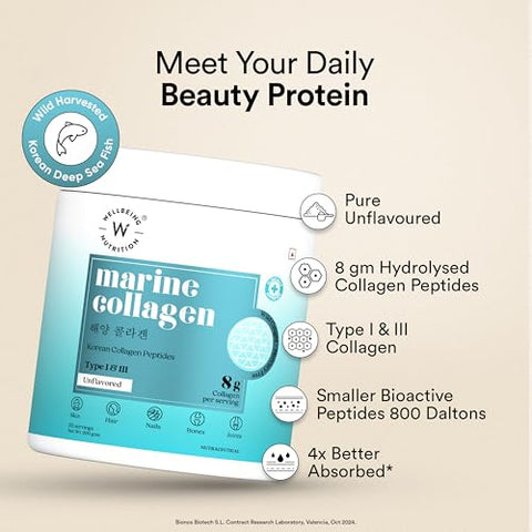 Wellbeing Nutrition Pure Korean Marine Collagen Supplements For Women & Men 200G Hydrolyzed Collagen Powder And Amino Acids Supports Healthy Skin Hair Nails Bone & Joint Unflavored
