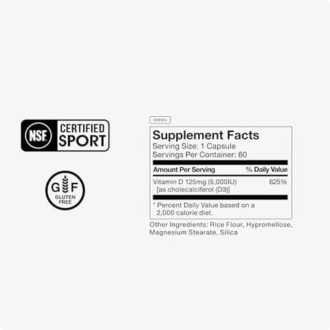 Momentous Vitamin D3 Supplement 5000 IU Capsules for Foundational Health Support NSF Certified for Sport Gluten Free 60 Servings