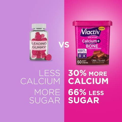 Viactiv Calcium +Vitamin D3 Supplement Soft Chews Milk Chocolate 60 Chews & Vitafusion Extra Strength Vitamin B12 Gummy Vitamins For Energy Metabolism Support