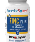 Superior Source Zinc Plus Lozenges, With Vitamin C (30 Mg), D3 (1,000 Iu), Elderberry Extract, Quick Dissolve Microlingual Tablets, 90 Ct, Promote A Healthy Immune System & Antioxidant Support Non-Gmo