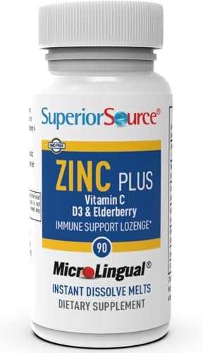 Superior Source Zinc Plus Lozenges, With Vitamin C (30 Mg), D3 (1,000 Iu), Elderberry Extract, Quick Dissolve Microlingual Tablets, 90 Ct, Promote A Healthy Immune System & Antioxidant Support Non-Gmo