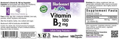 Bluebonnet Nutrition Vitamin B2 100 Mg For Cardiovascular And Nervous System Health Soy Gluten Kosher Dairy Vegan Nongmo 100 Vegetable Capsules 100 Servings