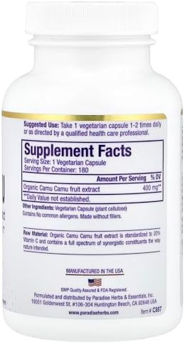 Paradise Herbs Organic Camu Camu Extract 400 Mg Rich In Vitamin C Pure & Potent Gluten Nongmo Vegan 60 Capsules