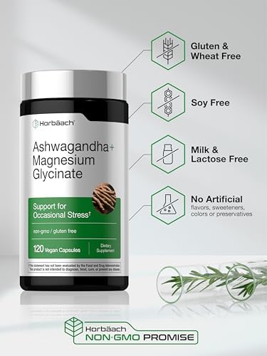 Horbaach Ashwagandha and Magnesium Glycinate 120 Vegan Capsules Support Supplement for Stress NonGMO Gluten Free