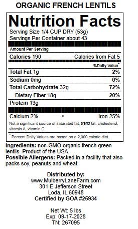 French Green Lentils 5 Pounds Petite, USDA Certified Organic, Non-GMO Bulk, Product of USA, Mulberry Lane Farms